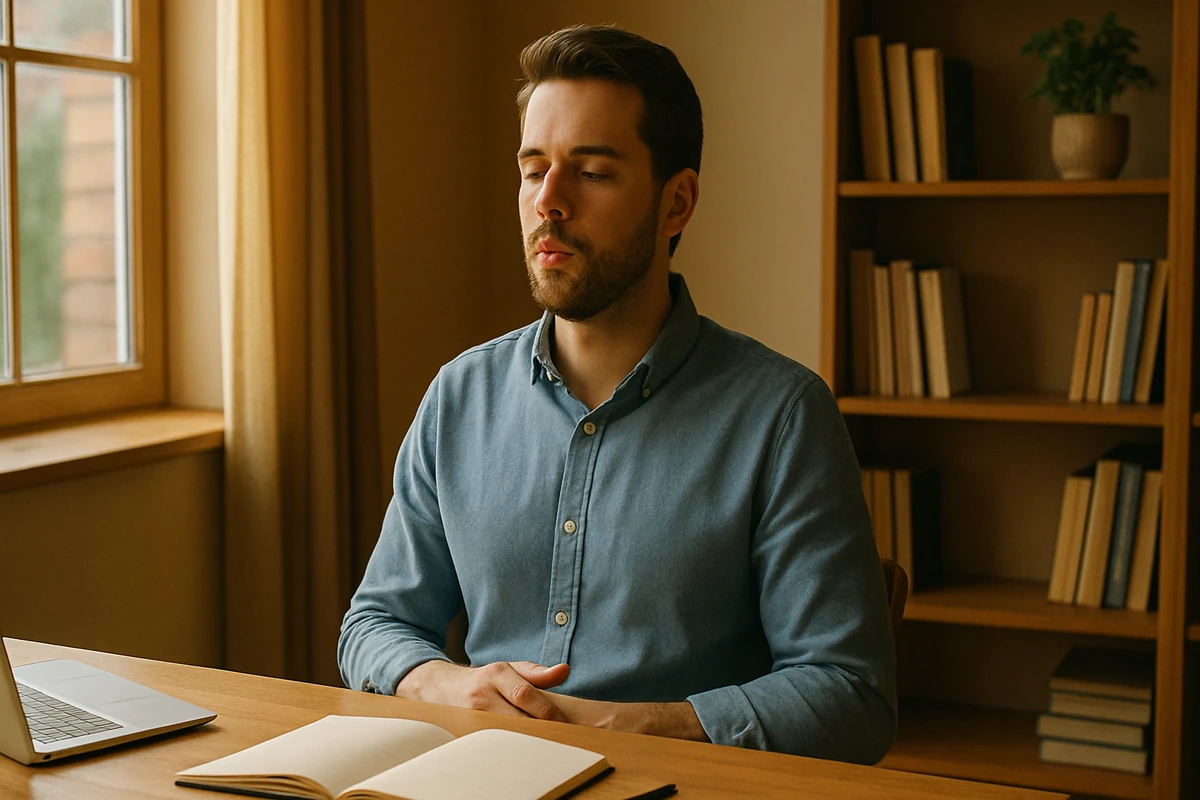 Muž u stolu cvičí techniku dýchání 4-7-8