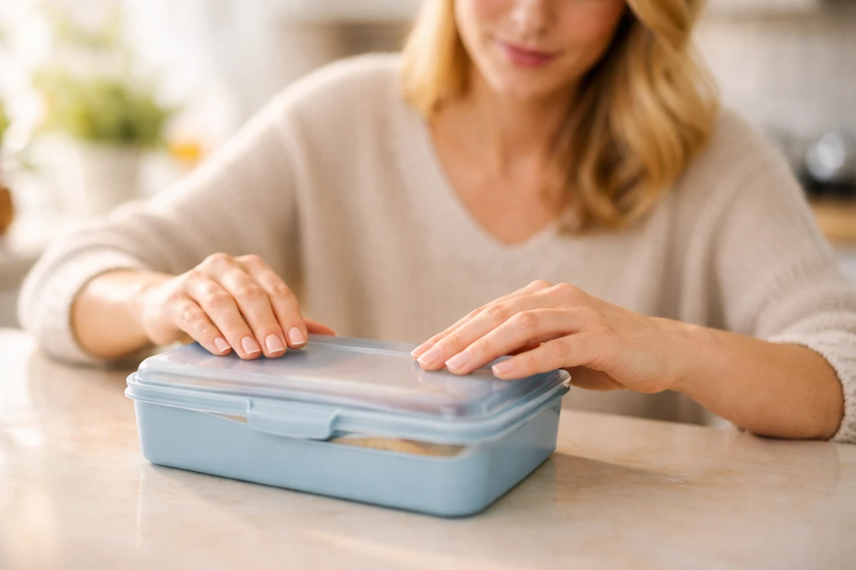 Dítě uklízí prázdný svačinový box ve škole