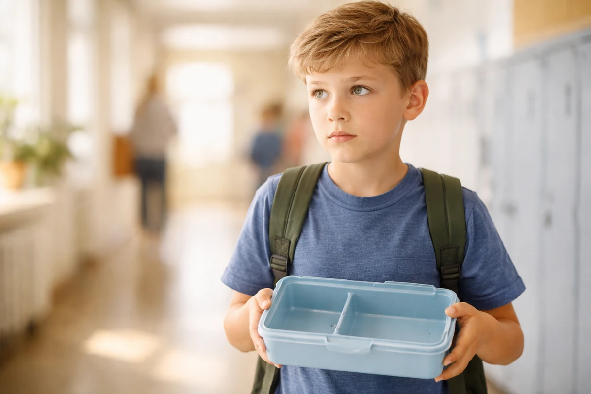 Dítě ve třídě tiše sleduje spolužáky u svačiny