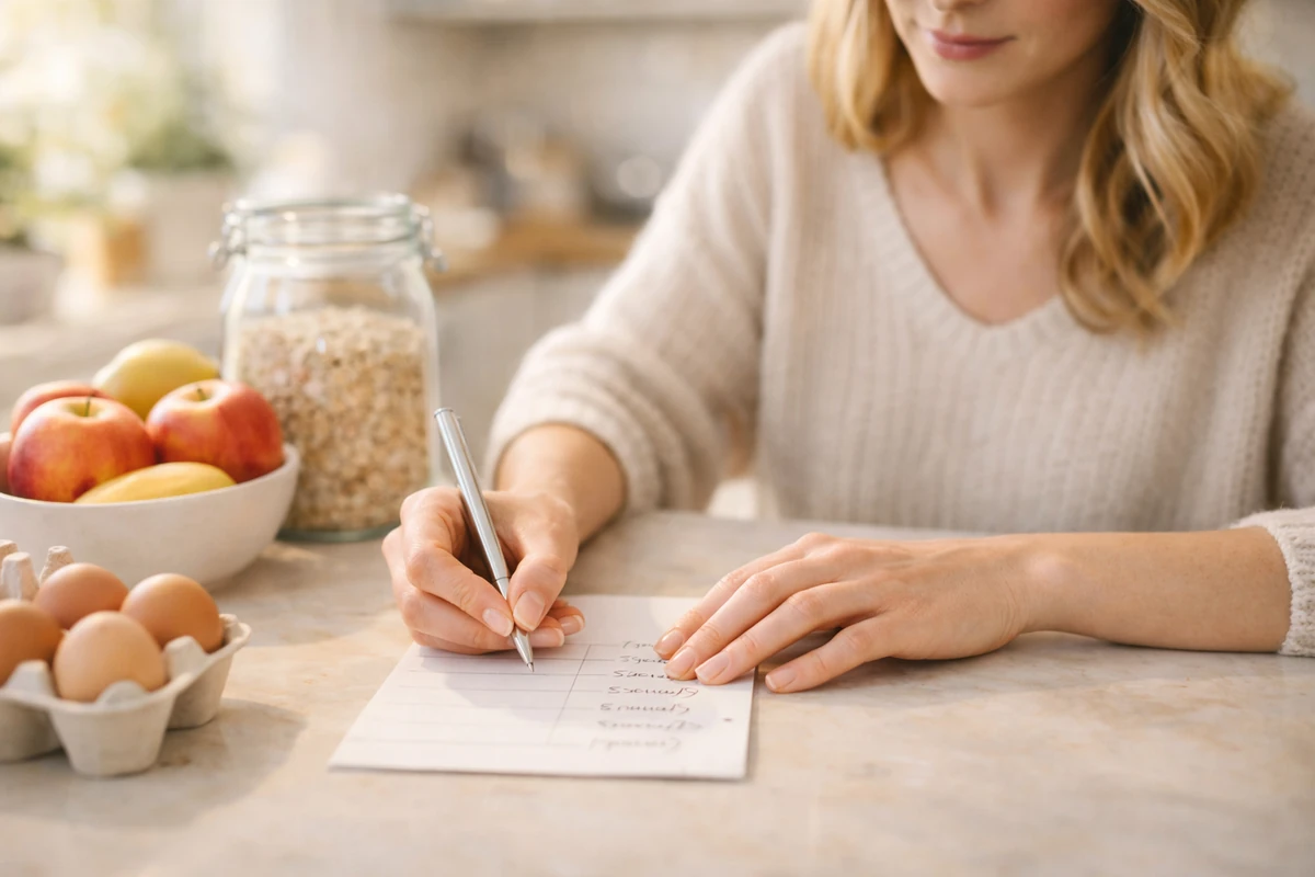 Jednoduchá večeře na stole a rodinné ruce u talířů