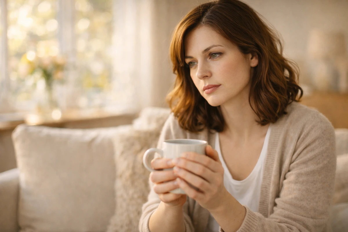 Zamyšlená žena v jarním dni a pomalé psychické přelaďování po zimě