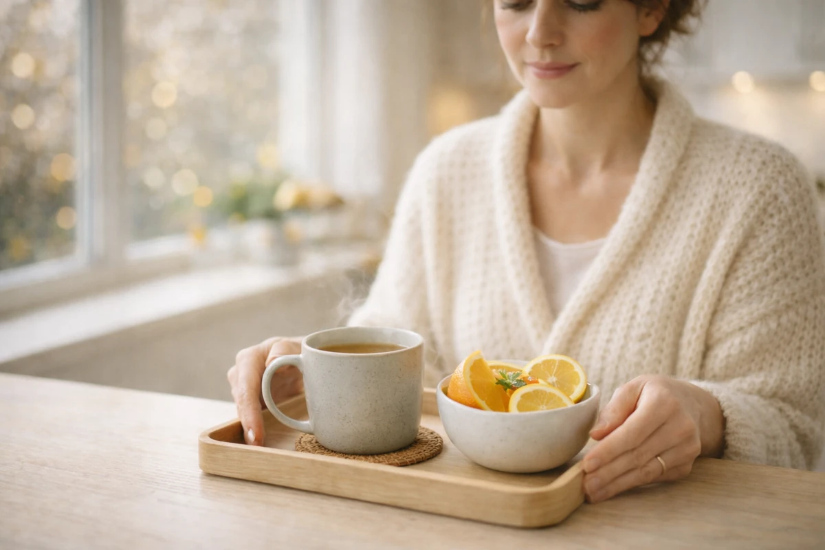 Miska s ovocem a ořechy na kuchyňské lince
