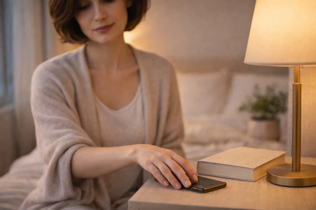 Večerní odložení telefonu vedle knihy