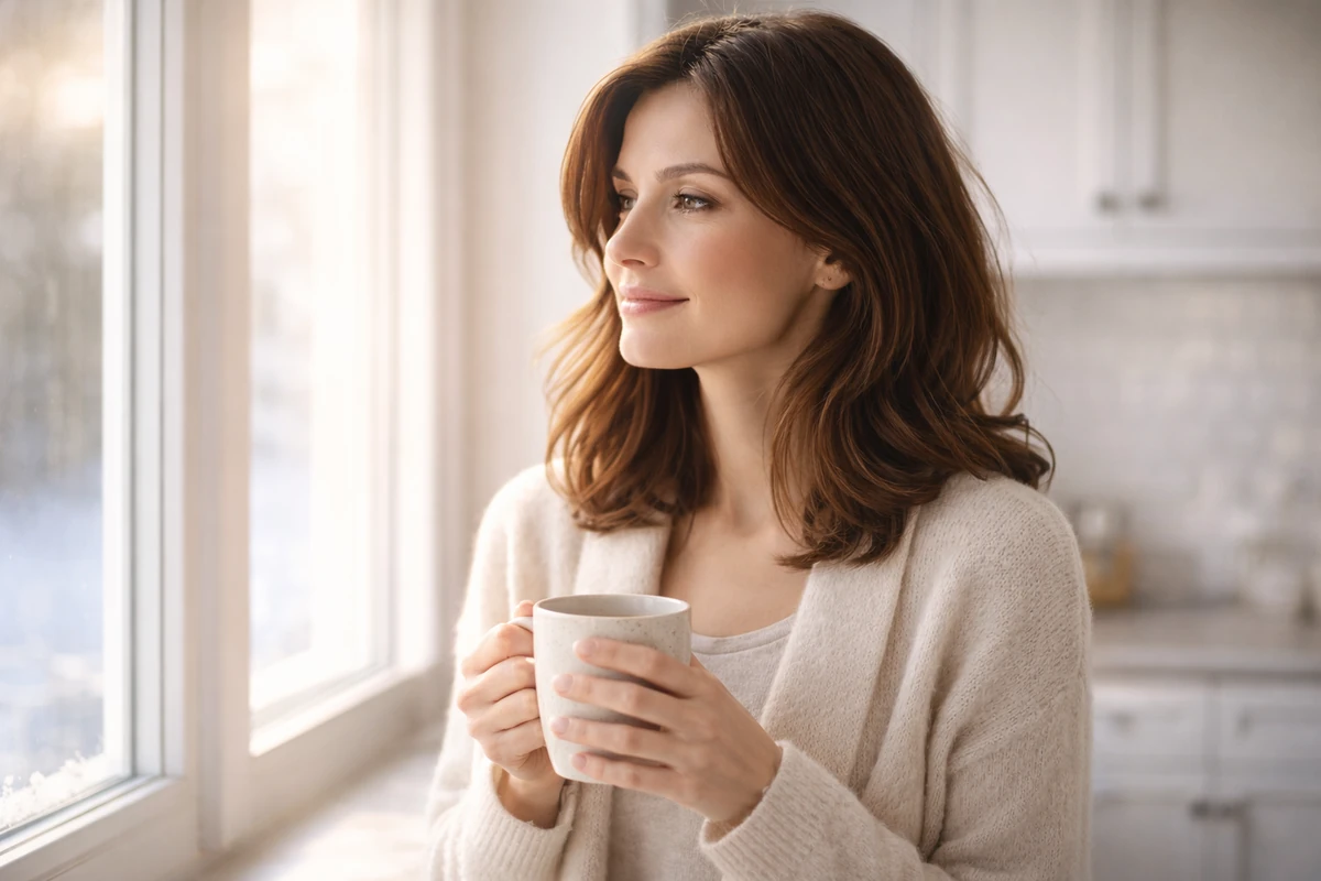 Ranní světlo u okna s teplým čajem