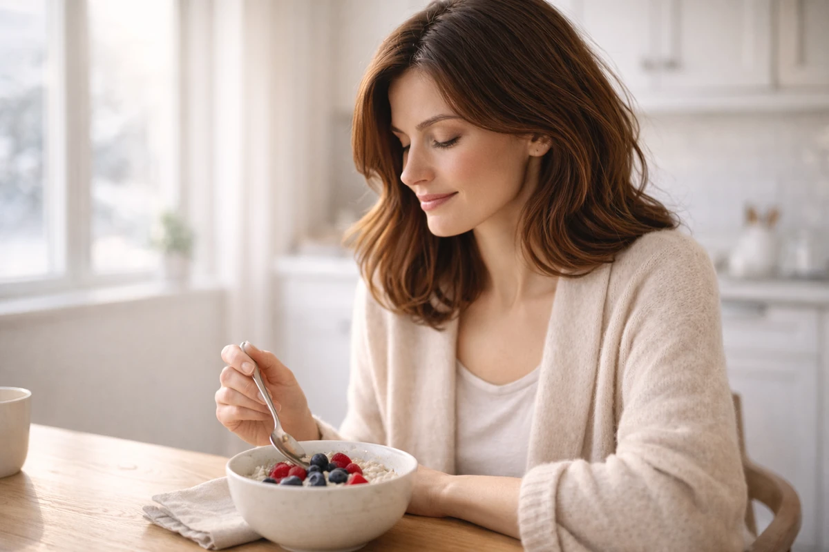 Teplá zimní snídaně s bílkovinami a ovocem