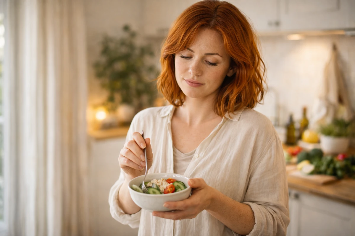 Žena připravuje lehkou večeři v kuchyni