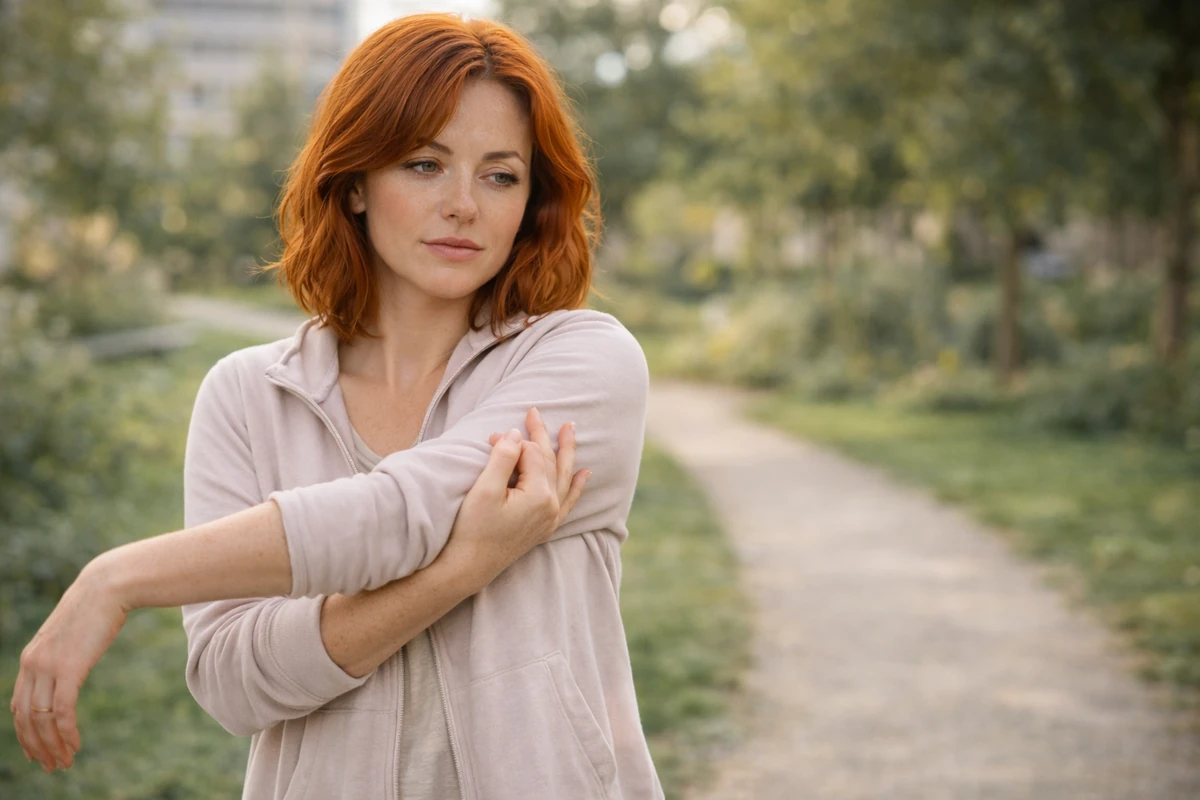 Žena se večer jemně protahuje u okna