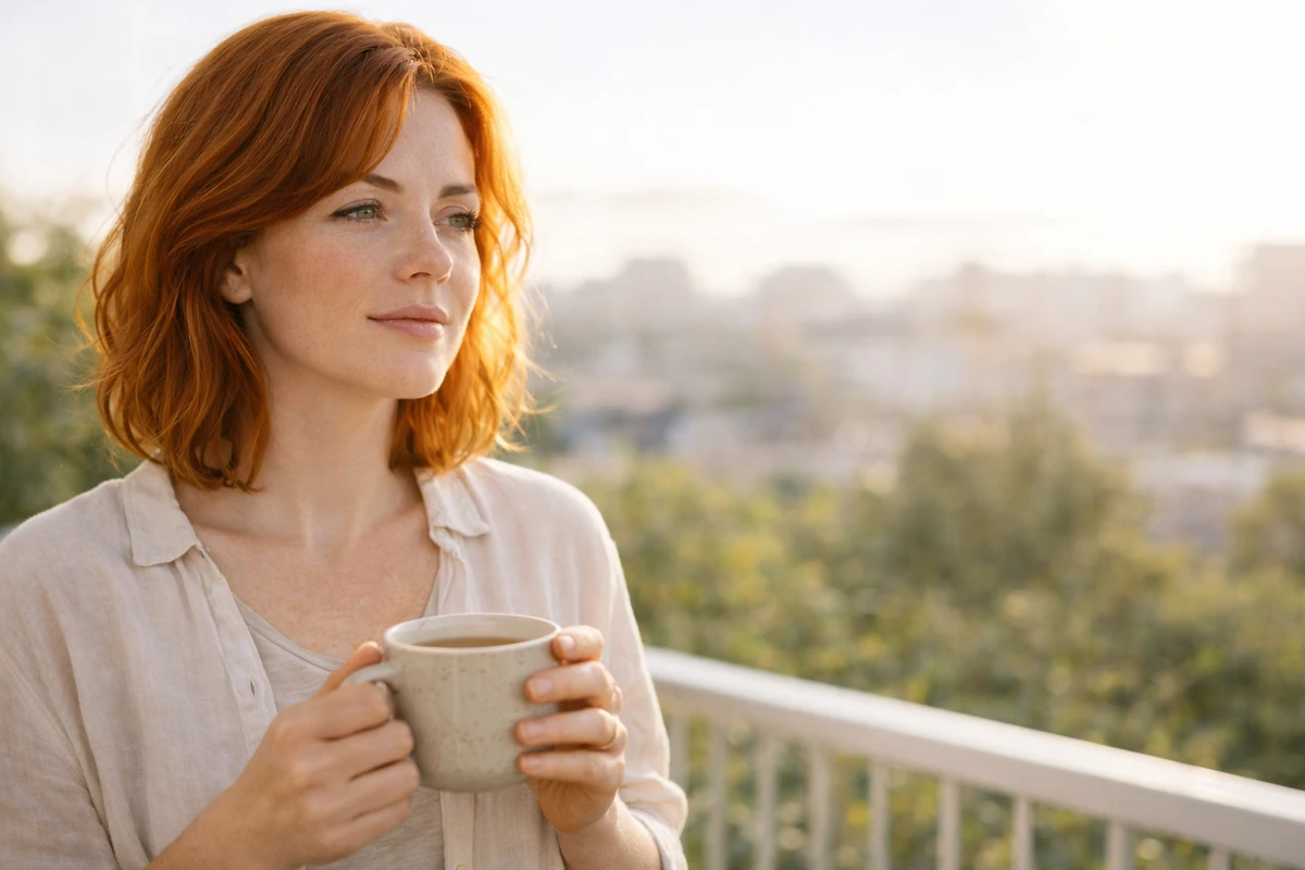 Žena ráno u okna hledá energii v denním světle