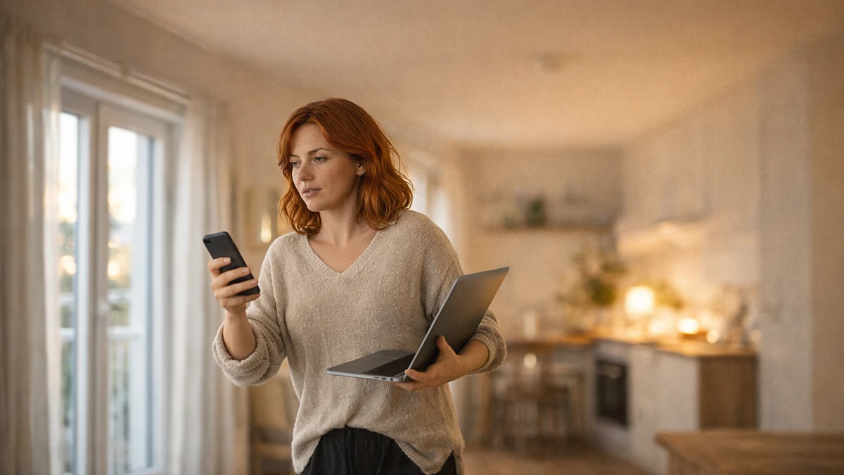 Žena nese notebook a kouká do telefonu