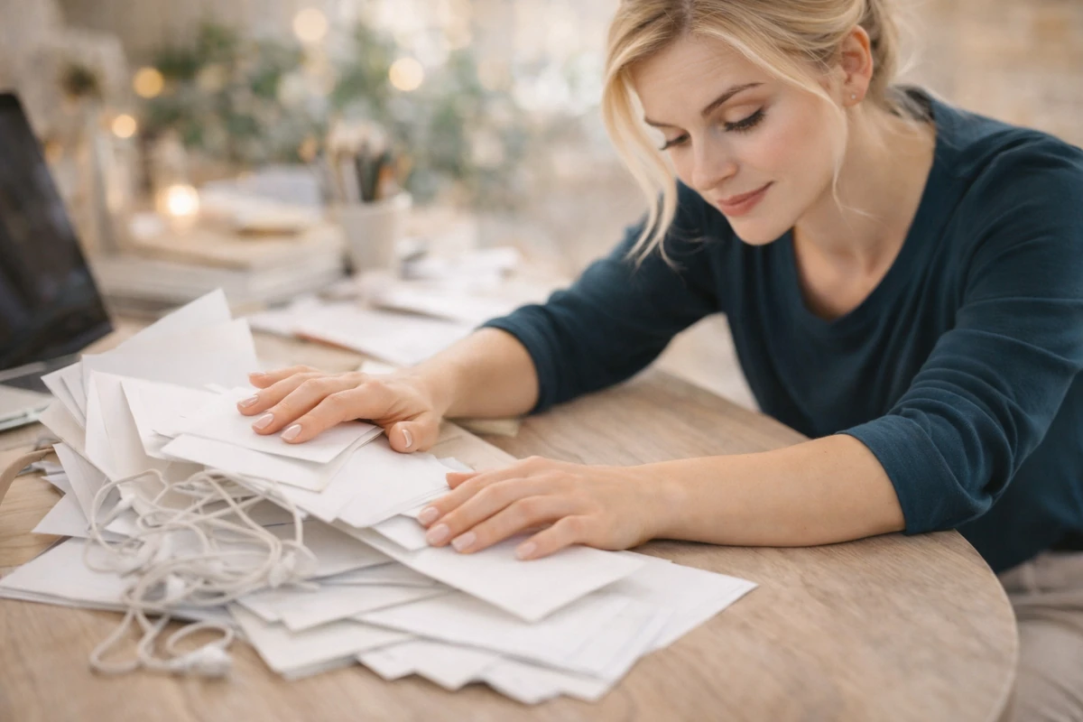 Žena přetíženě sedí u nepořádku