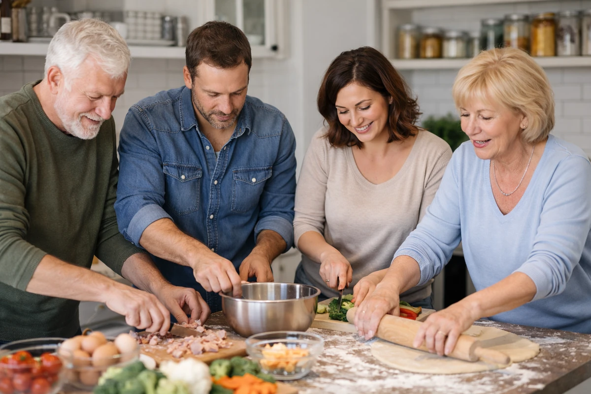 Rodina v kuchyni u velkého stolu