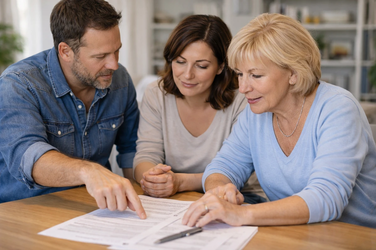 Rodina řeší dokumenty u domácího stolu