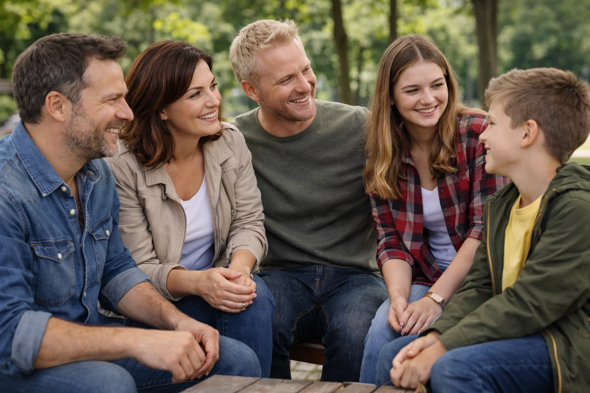 Rodina se směje při společné procházce
